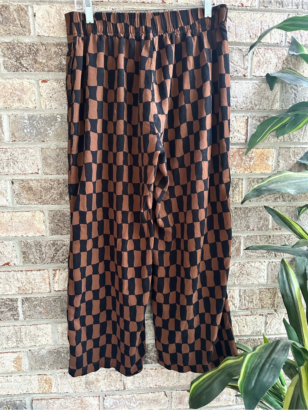 Old Navy Playa wide leg high rise elastic waist brown Checker Pants Large - Picture 3 of 9